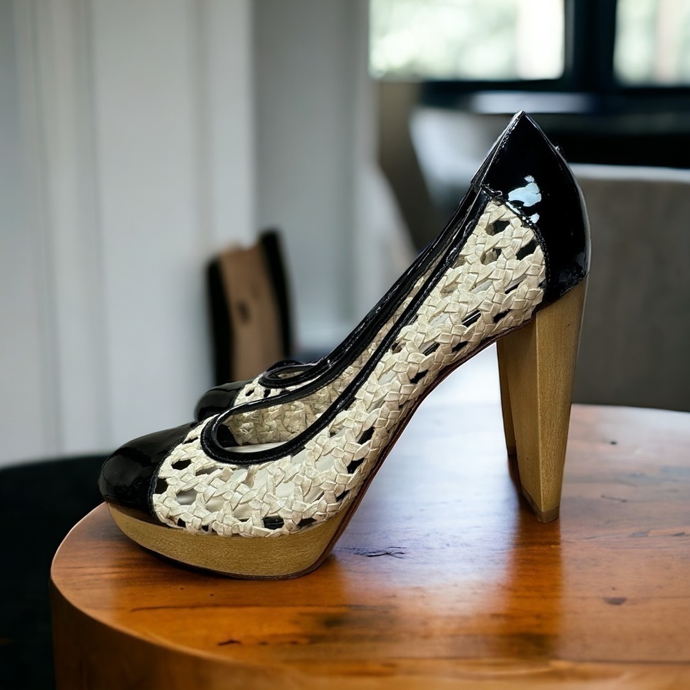 COLE HAAN Stephanie Air Black /Tan Leather Woven‎ Heel Pump Size 8B